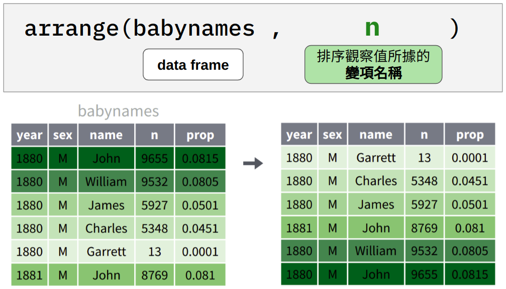 依據變項 `n` 的大小由小至大排序 `babynames` 中的觀察值。
